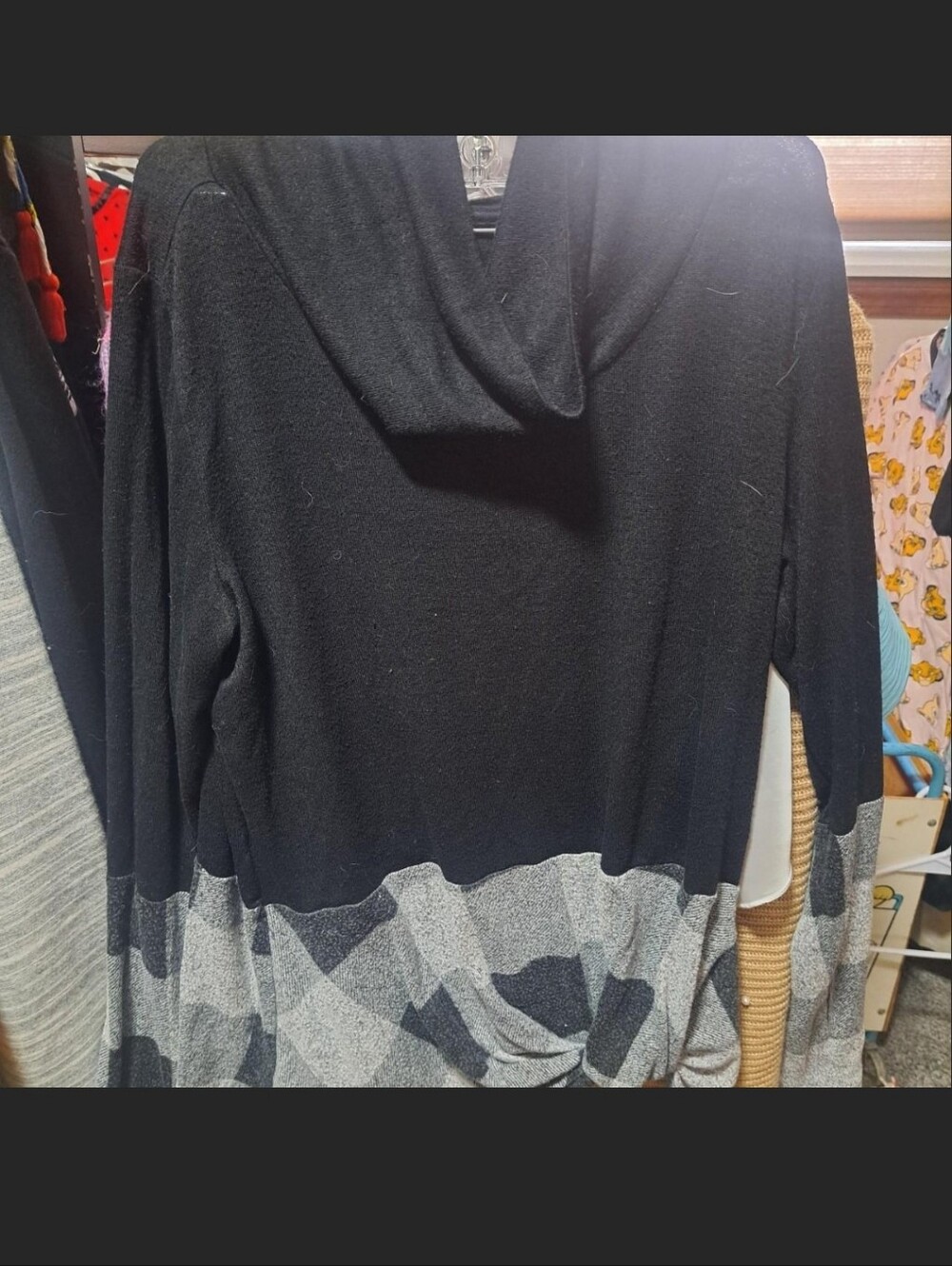 WomensBlack Hooded Sweater with Gray Patterned Hem